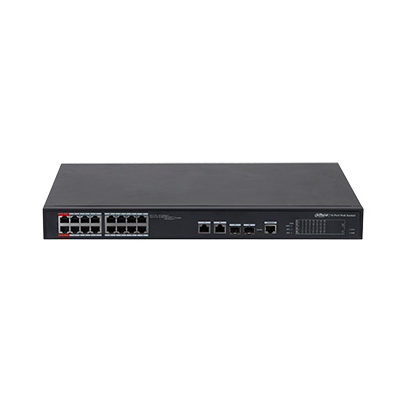 Switch PoE+ 16P Downlink + 4P Uplink (2xRJ45 + 2xSFP)<br>190W Fast Ethernet, LD, Gestão Layer 2 Dahua